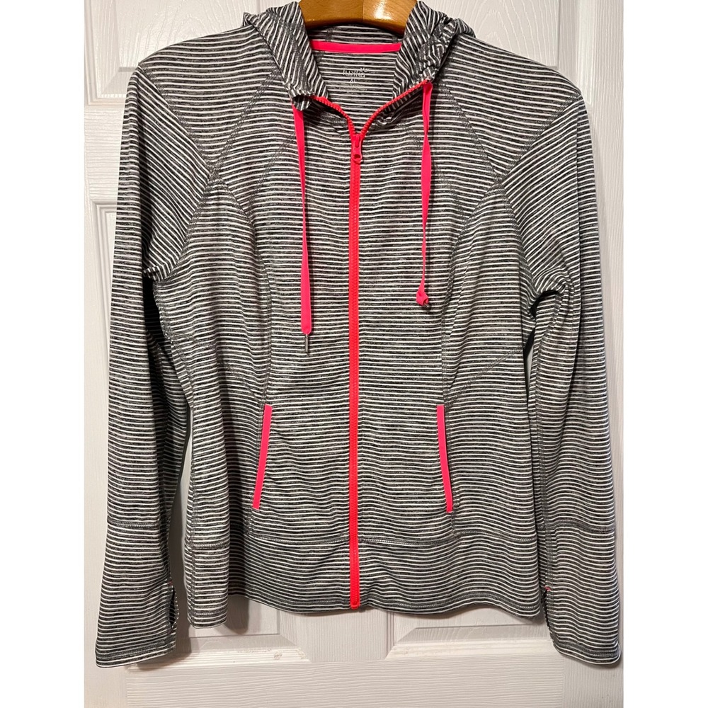 Lukka Women's XL Striped Full Zip Hoodie Grey Neon Pink Thumbholes Activewear‎